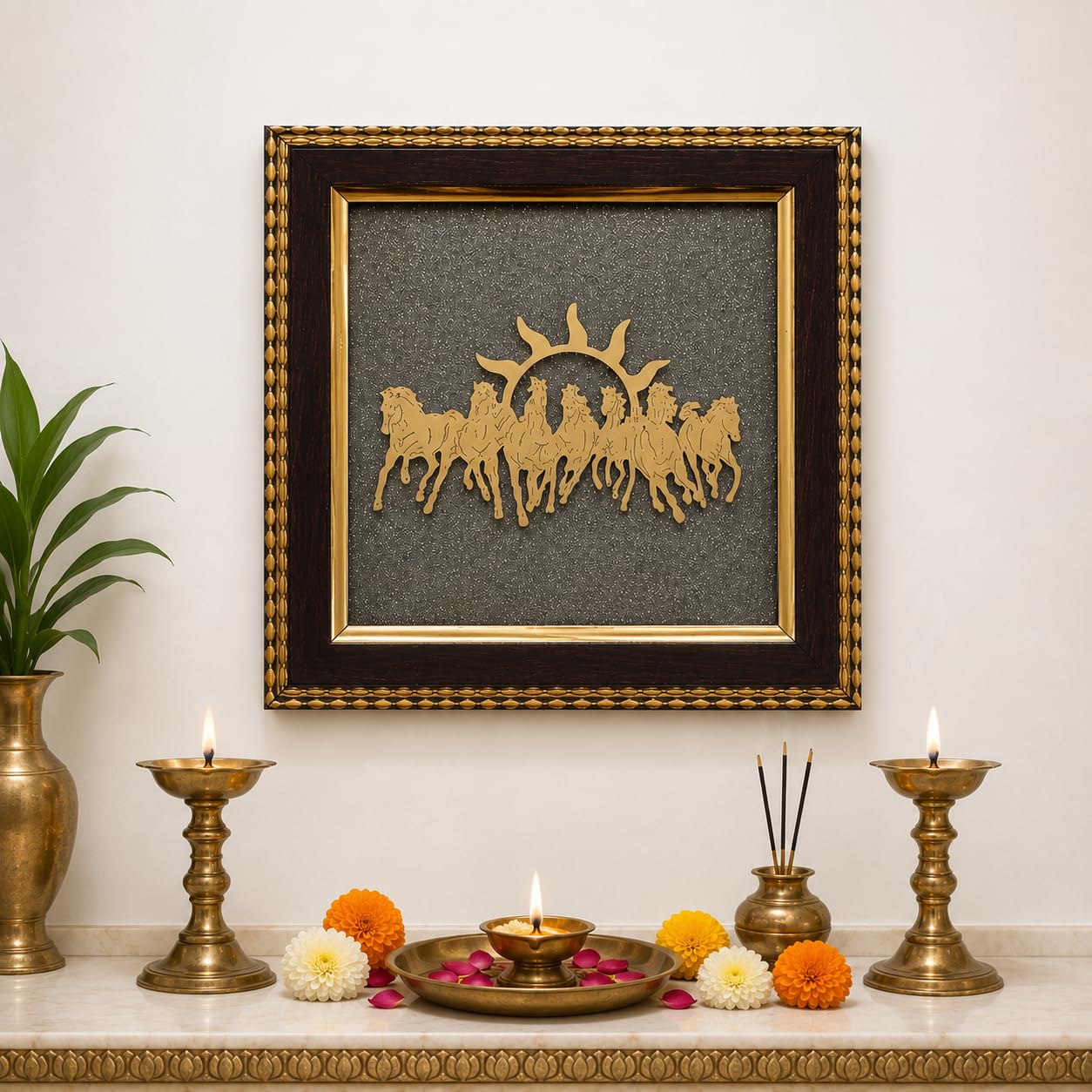 Natural Pyrite Seven Running Horse Frame with Surya Dev (Certified)